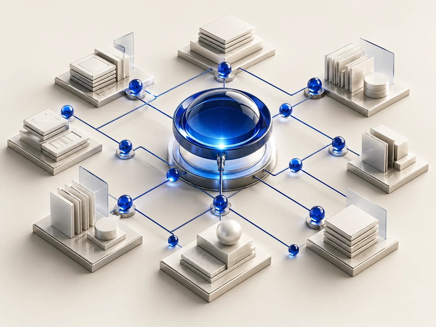 Connected content blocks and a central lens illustrating AI search discovery.