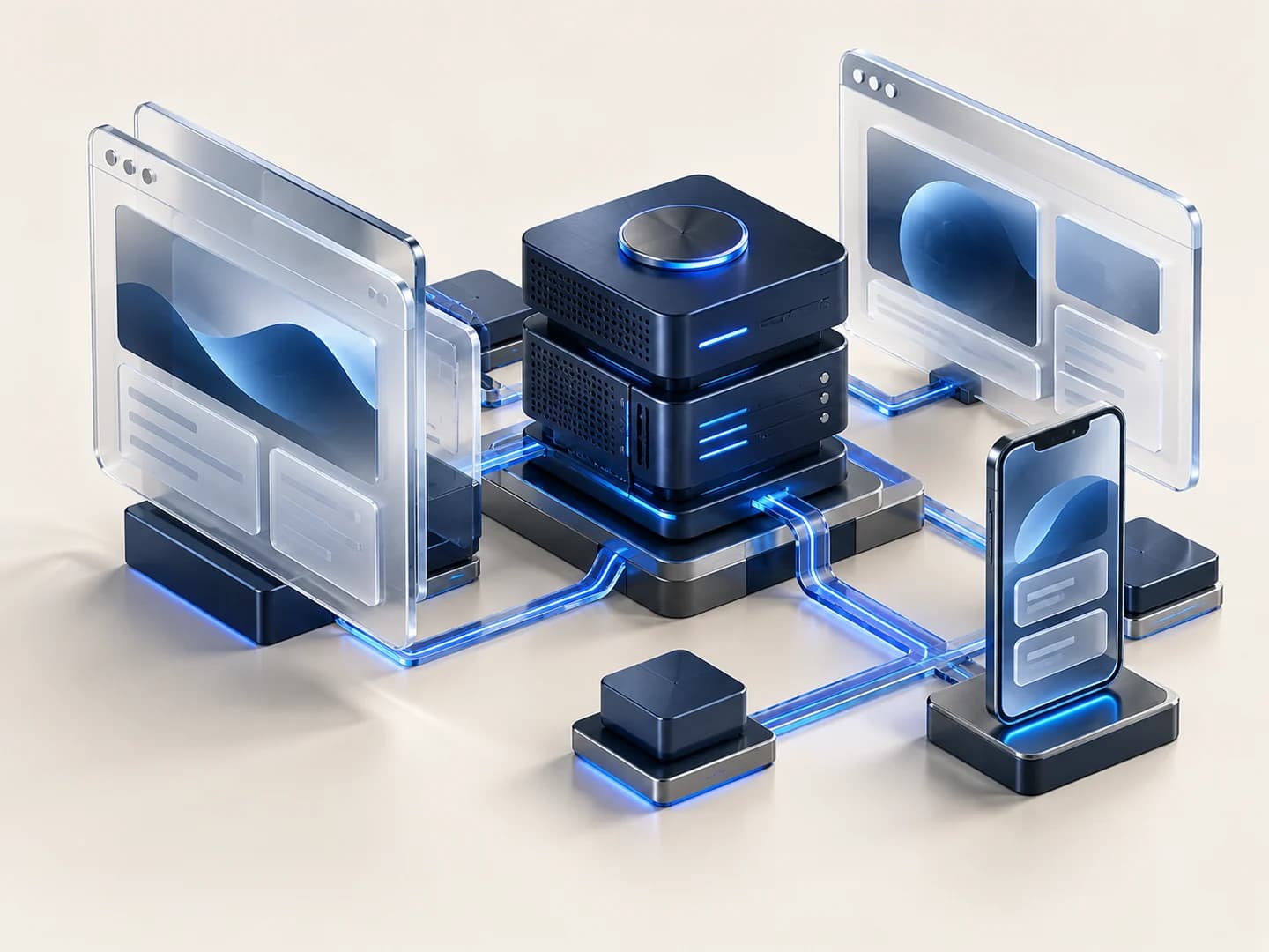 Connected browser, mobile and server modules illustrating integrated web applications.