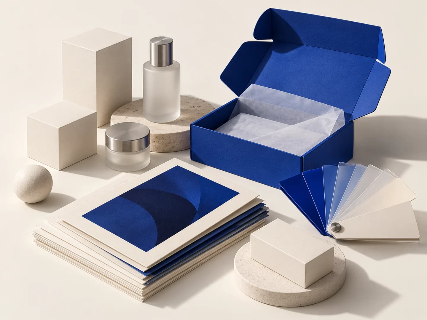 Custom product packaging and print assets illustrating a coordinated visual launch.