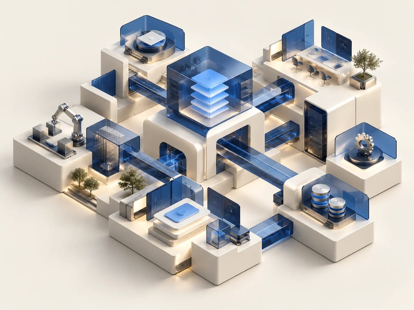 Connected modules representing a workflow between business systems.