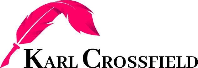 Karl Crossfield author wordmark with a pink feather