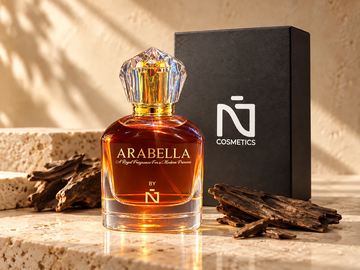 N7 Arabella fragrance bottle and branded box in warm light